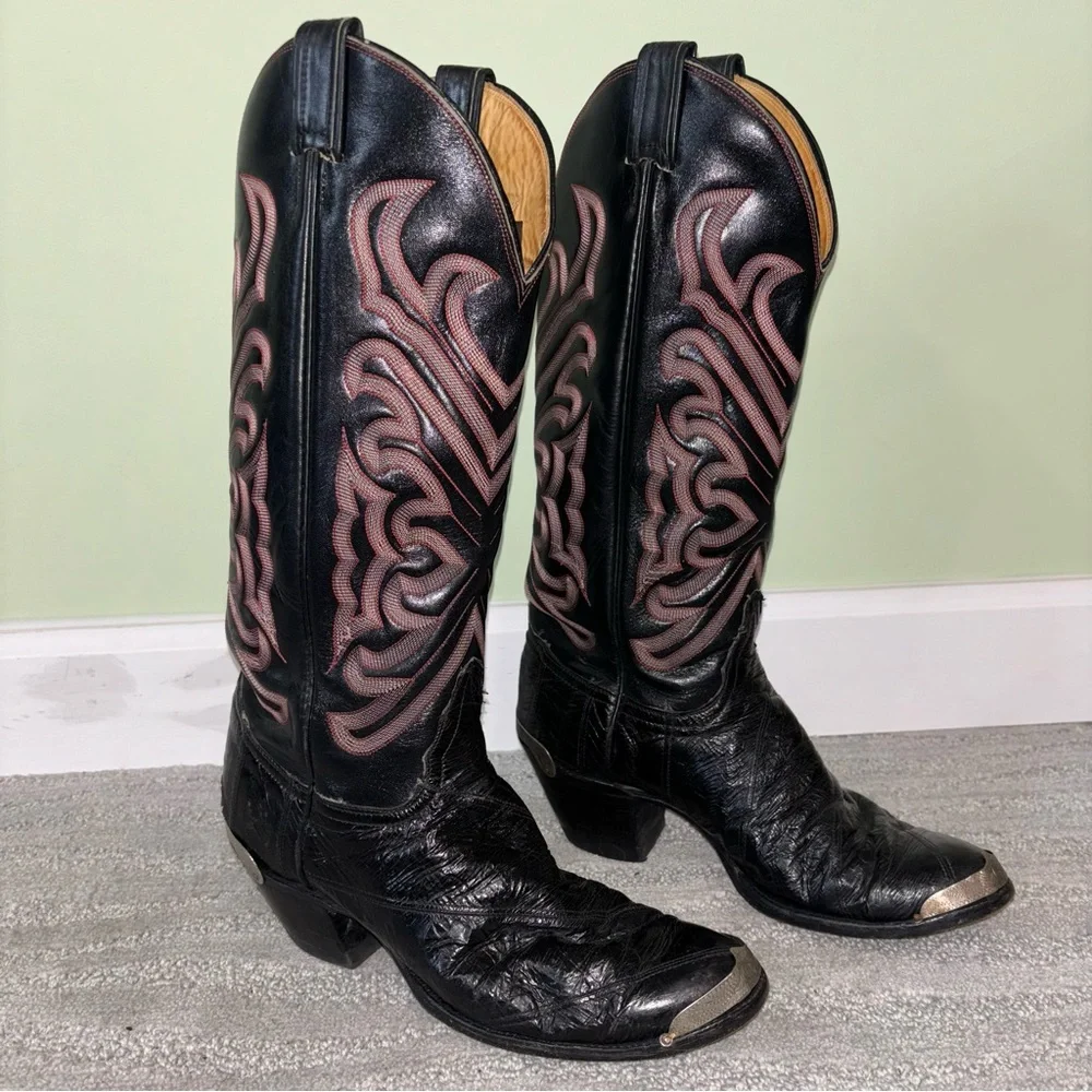 VTG Tony Lama Black Embroidered Eel Skin Leather Metal Cowboy Boots Men’s Sz 9 D - Picture 2 of 11